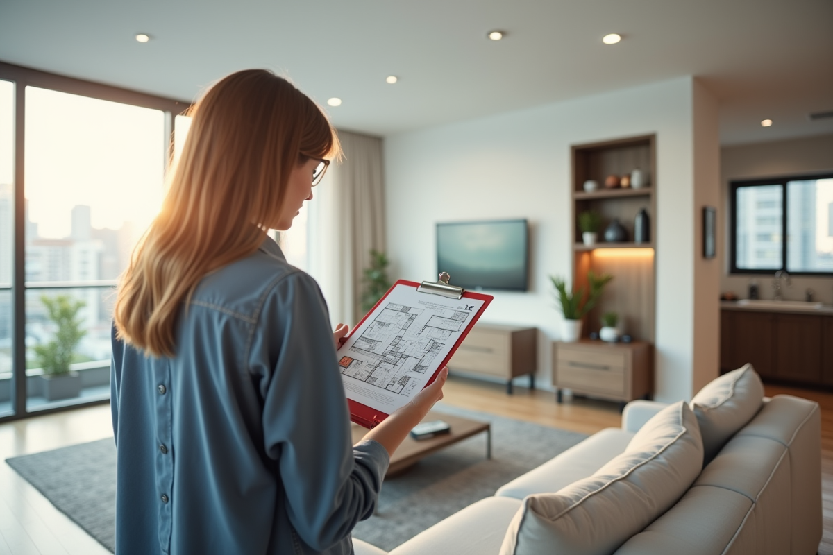 Agent immobilier mesurant un appartement lumineux avec un laser