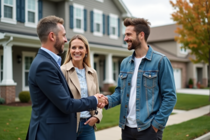 Agent immobilier souriant remettant des clés à un couple devant une maison rénovée