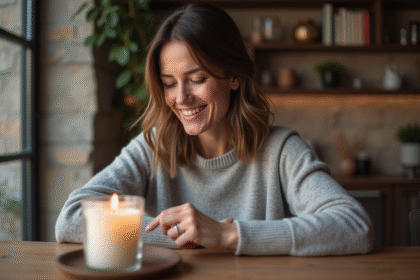 Femme posant une bougie antidrip dans un support élégant dans un salon moderne
