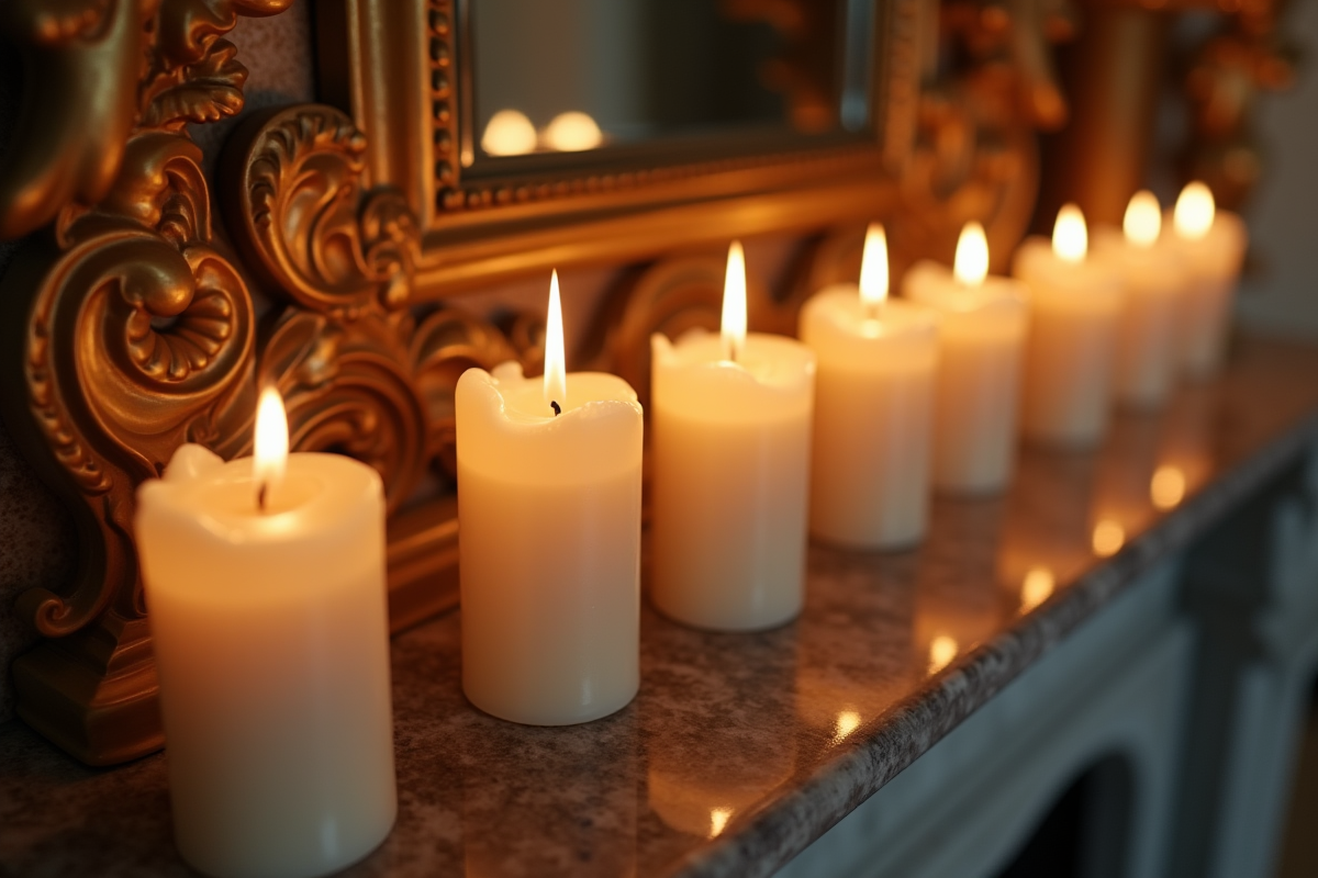 Bougies antidrip allumees sur une cheminée vintage décorée