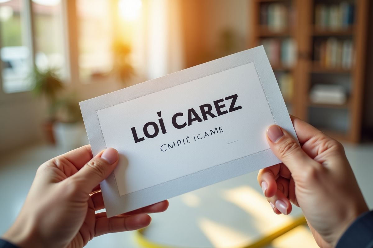 Mains tenant un certificat de mesure Loi Carrez dans un intérieur ensoleille