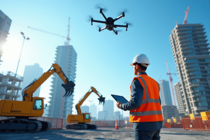 Chantier moderne avec robots et drones en construction