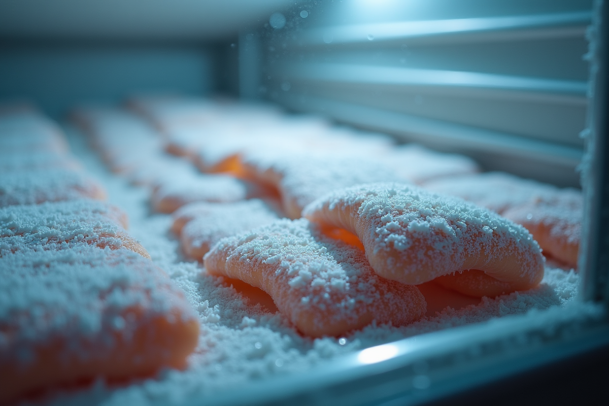 Gros plan sur packs de nourriture glacés dans le congélateur