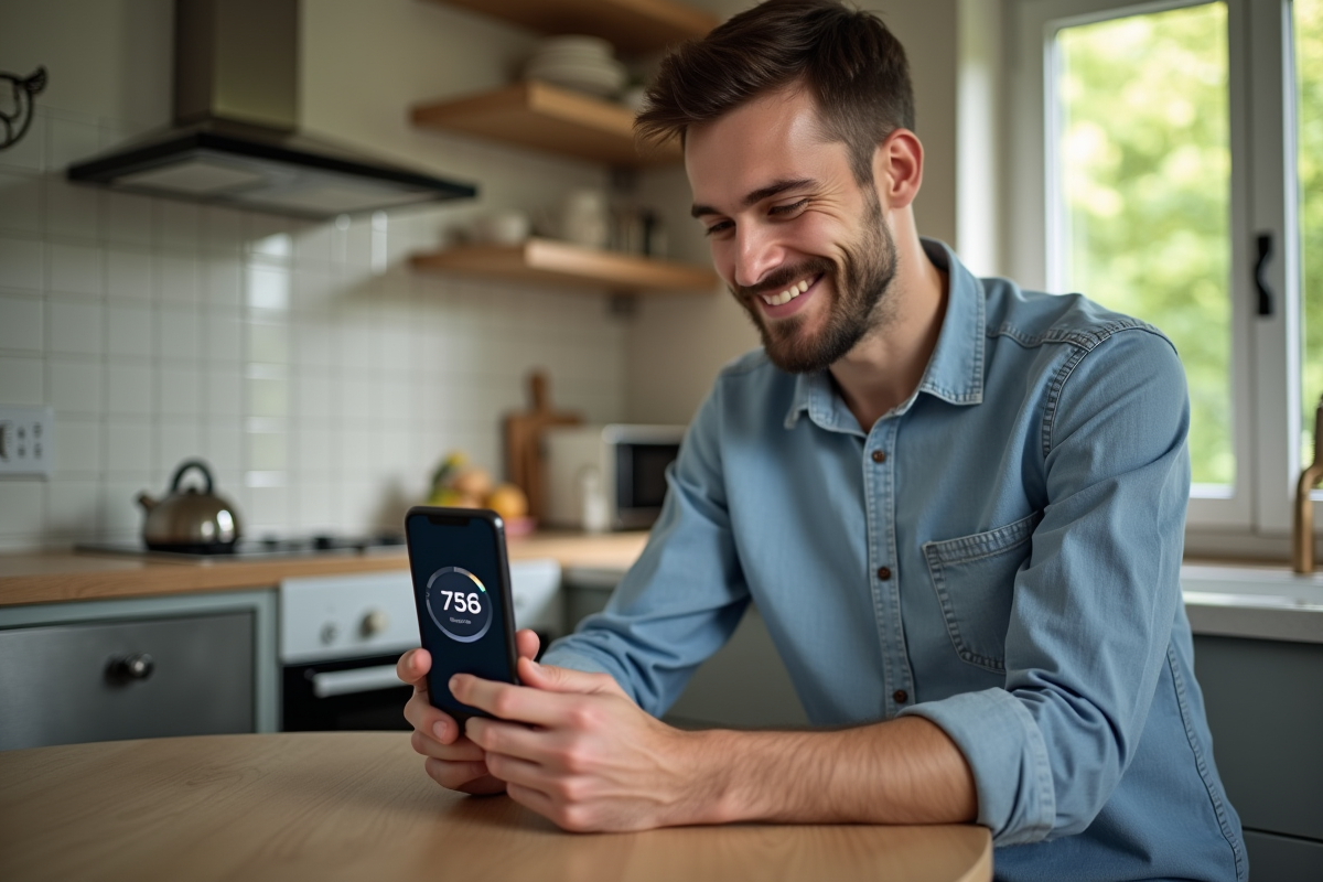 Jeune homme utilisant une application de thermostat sur son smartphone
