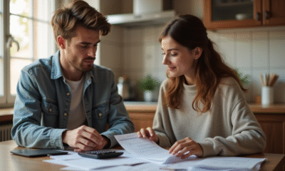 Jeune couple calculant leurs dépenses dans la cuisine