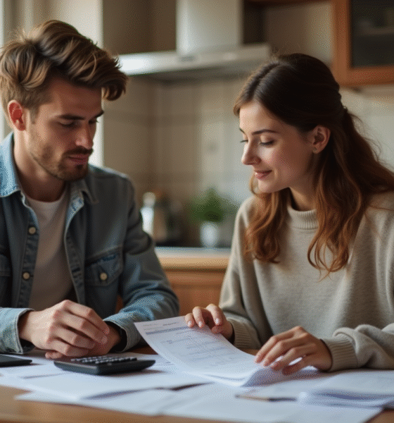 Jeune couple calculant leurs dépenses dans la cuisine