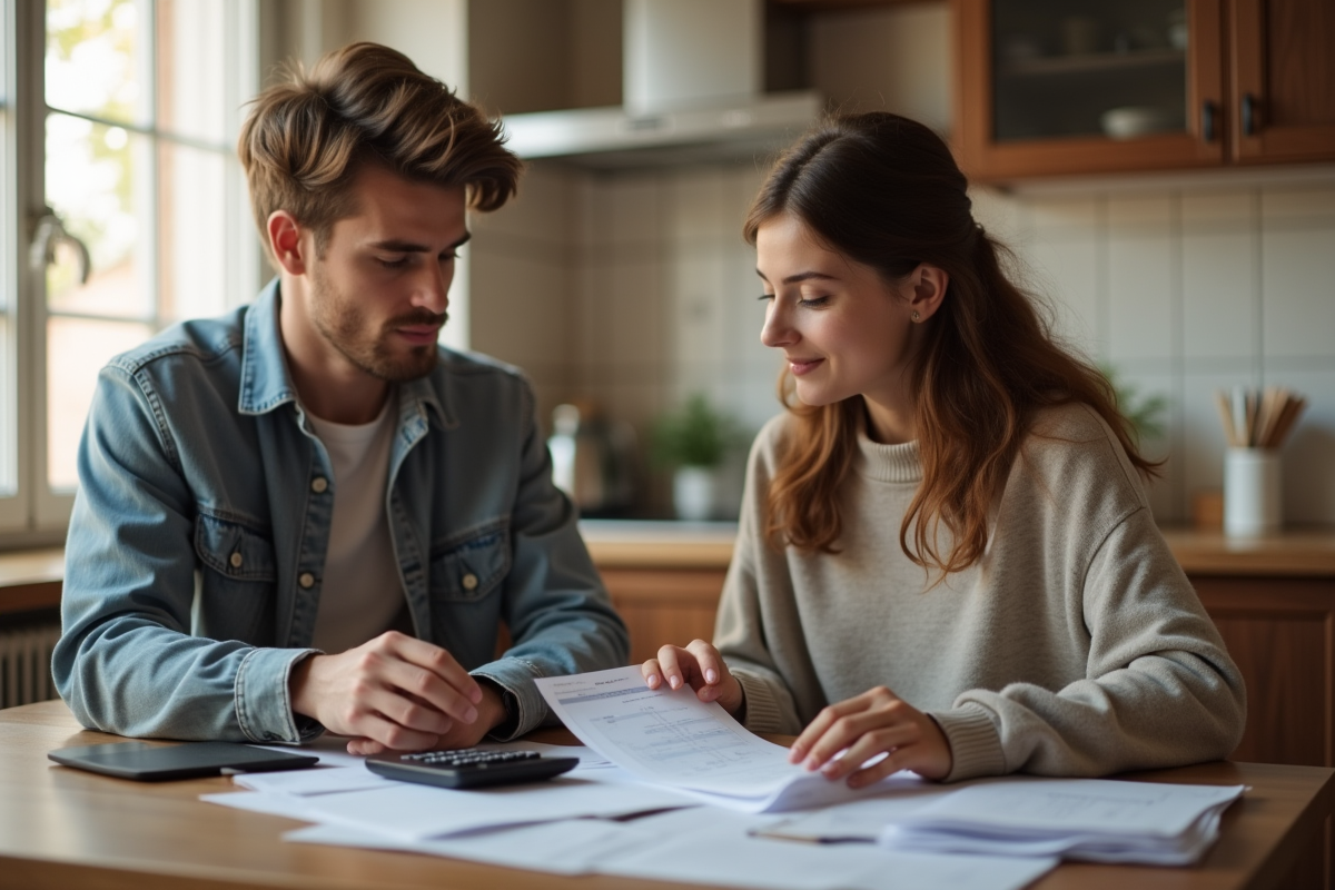 Jeune couple calculant leurs dépenses dans la cuisine
