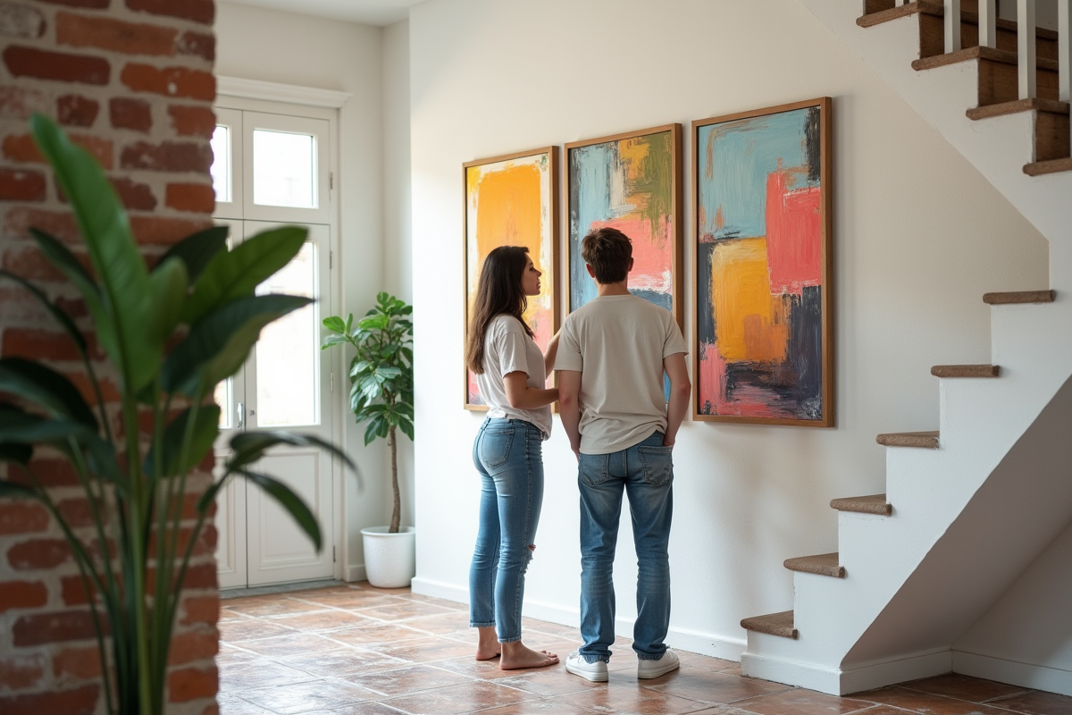 Jeune couple discutant de peintures abstraites dans l