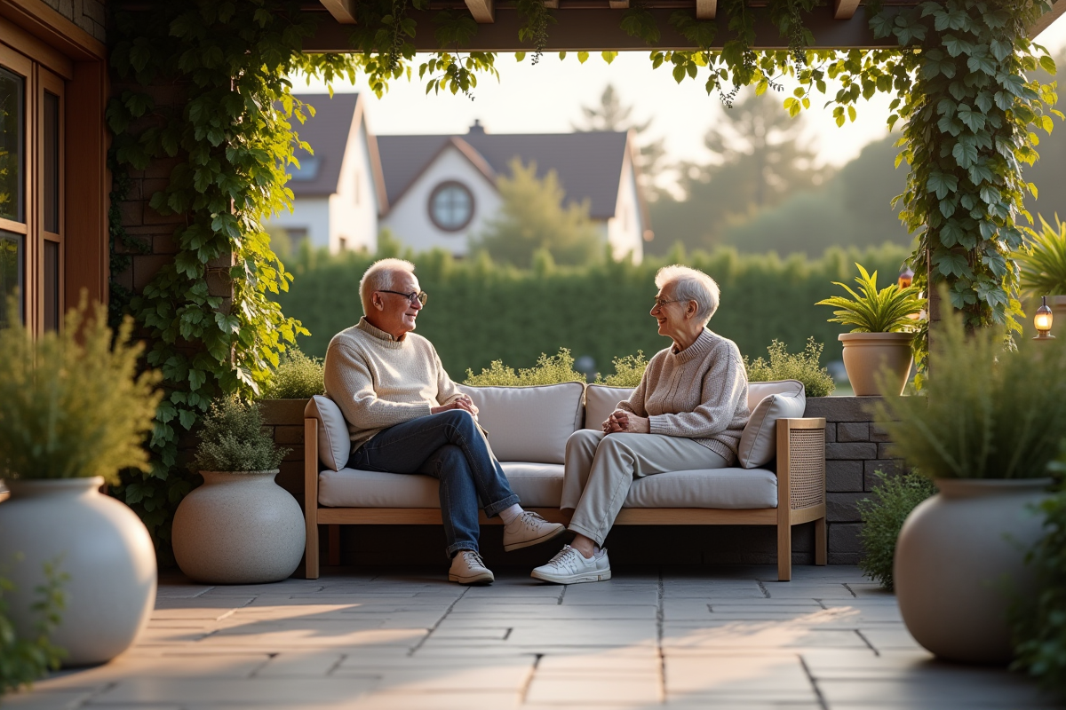 Couple âgé relaxant sur un sofa de terrasse extérieure