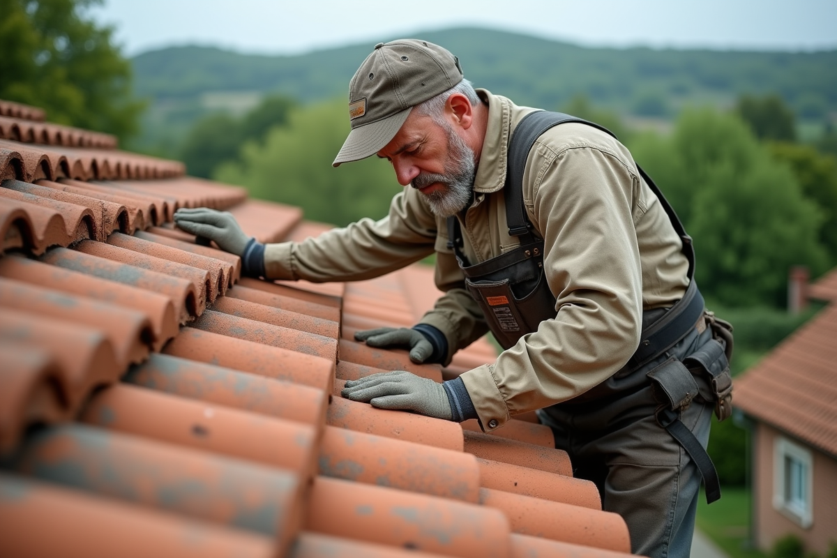 Ouvrier couvreur inspectant des tuiles mécaniques sur un toit traditionnel