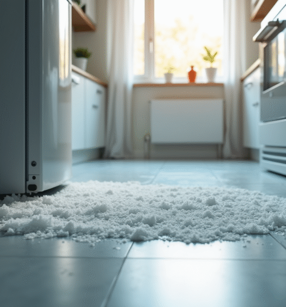 Cuisine avec congélateur entrouvert givre sur le sol