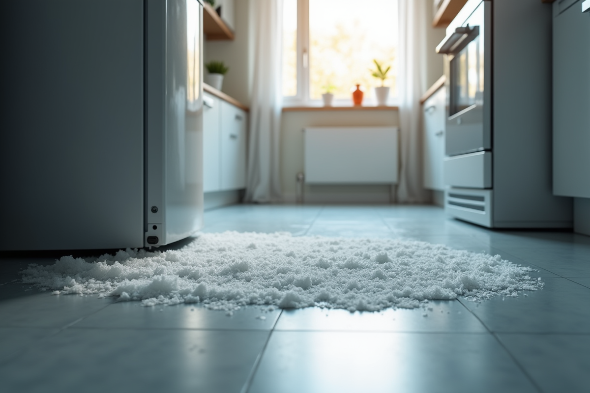Cuisine avec congélateur entrouvert givre sur le sol