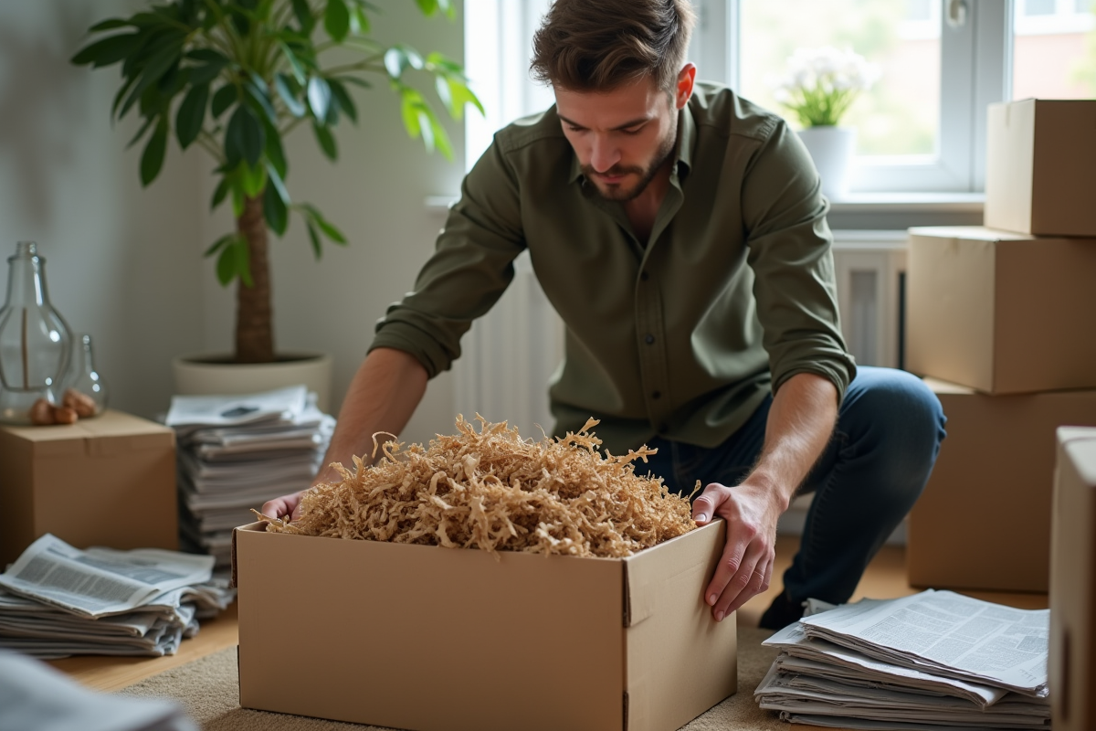 Jeune homme protégeant un vase avec papier recyclé dans un salon