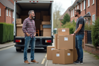 Homme en jeans devant un camion de déménagement dans un quartier résidentiel