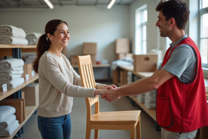 Femme souriante donnant une chaise en bois à un bénévole de la Croix Rouge