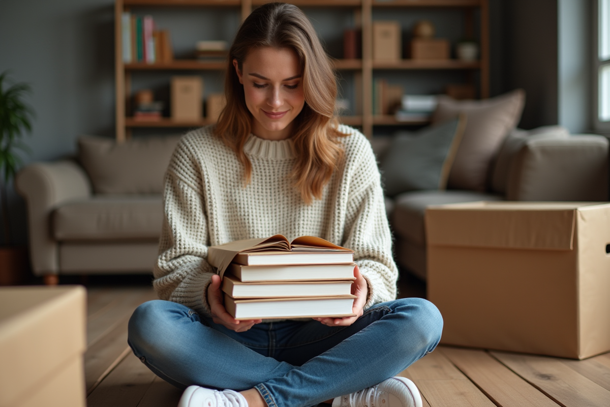 Femme emballant des livres dans un salon chaleureux