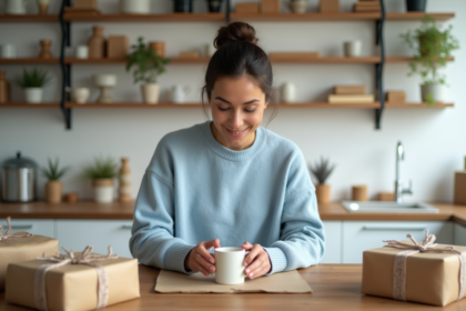 Femme emballant un mug en cuisine lumineuse et moderne