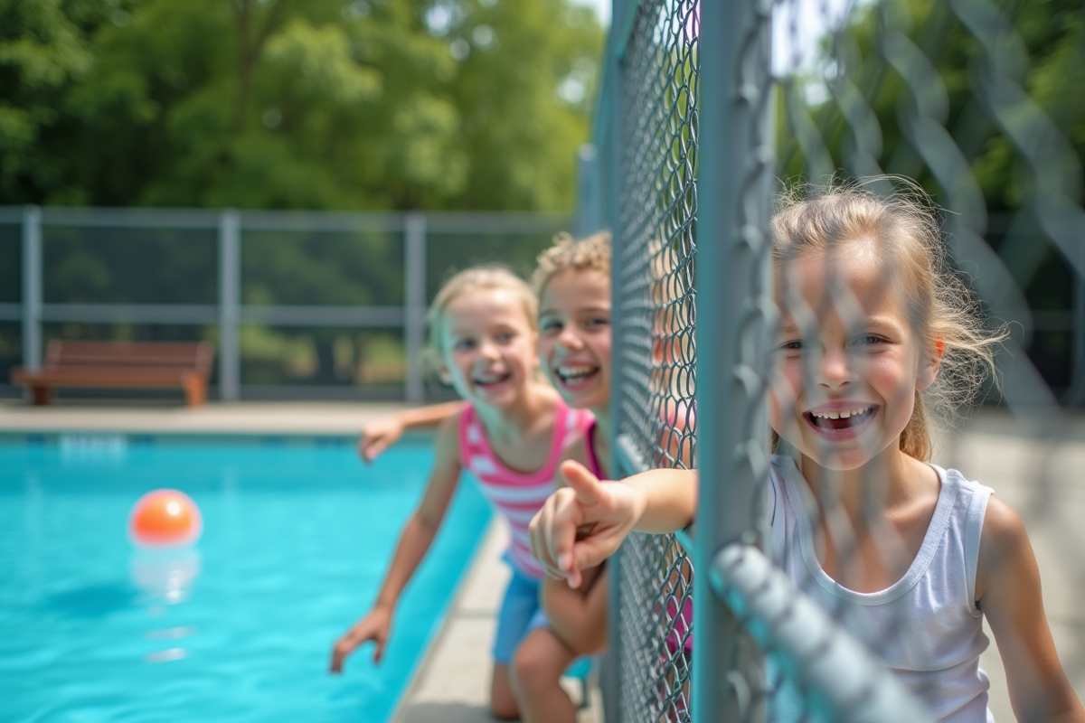 Enfants jouent près de la barrière de sécurité de la piscine