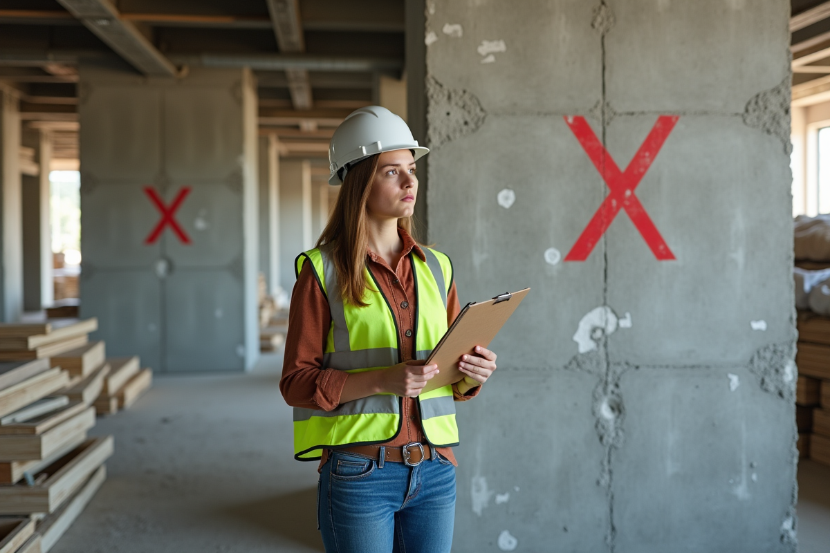 Jeune femme ingénieur vérifiant mur en béton recyclé
