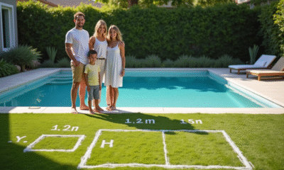 Famille heureuse près de leur piscine moderne dans le jardin