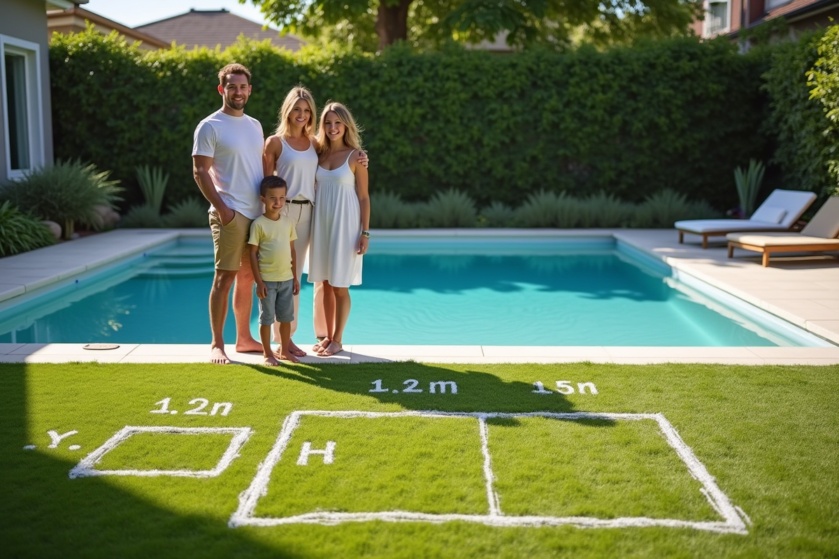 Famille heureuse près de leur piscine moderne dans le jardin