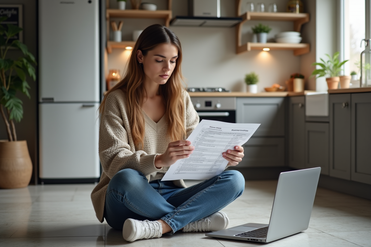 Jeune femme examinant un tableau comparatif de chaudières dans la cuisine