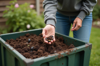 Femme ajoutant des moules dans composteur dans un jardin