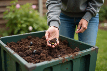 Femme ajoutant des moules dans composteur dans un jardin