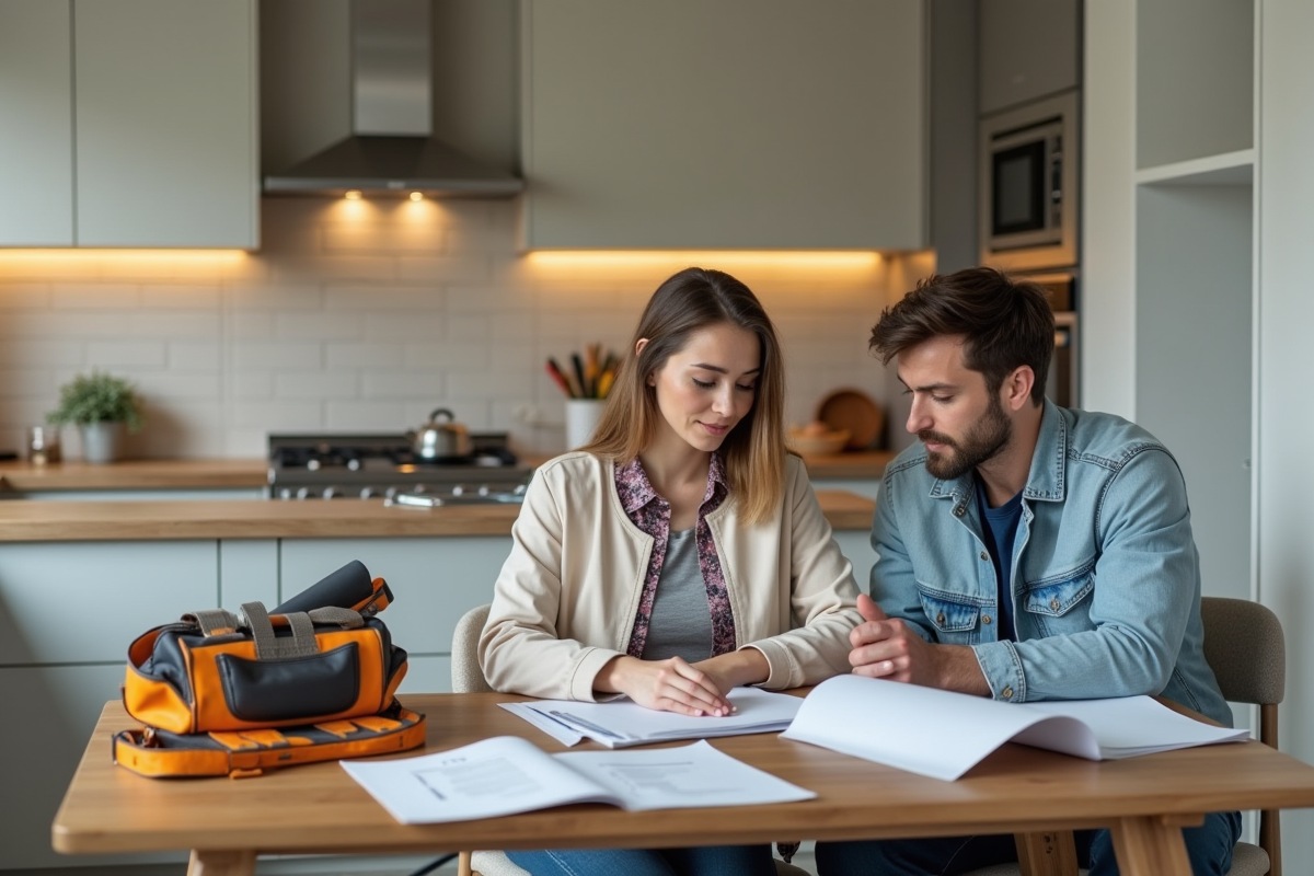 Jeune femme discutant avec un couvreur dans une cuisine lumineuse