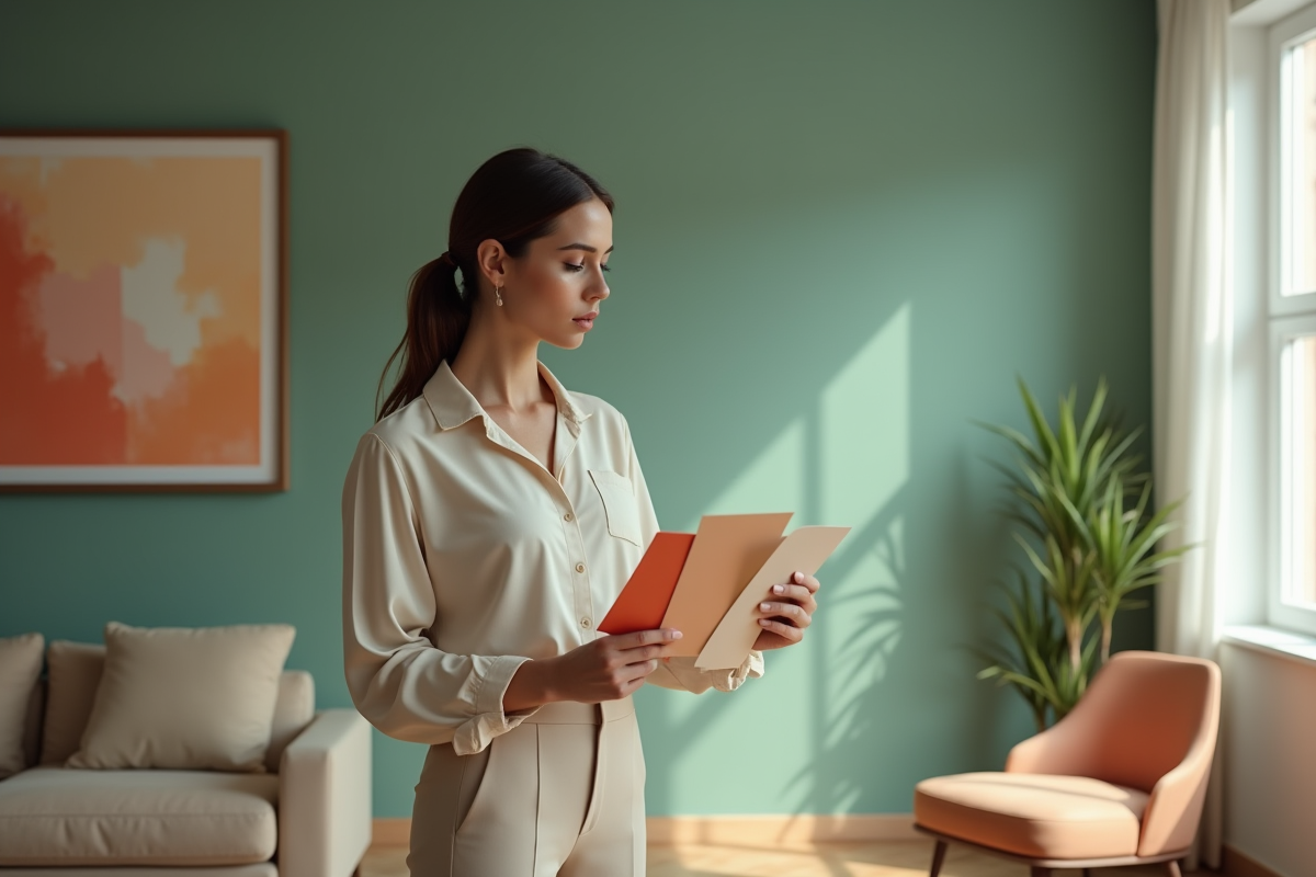 Femme examinant des échantillons de peinture dans un salon moderne