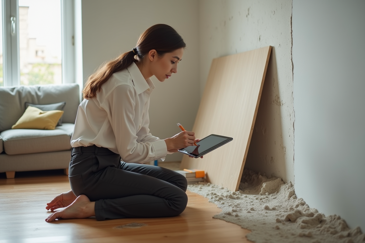 Jeune femme inspectant un mur en rénovation avec tablette