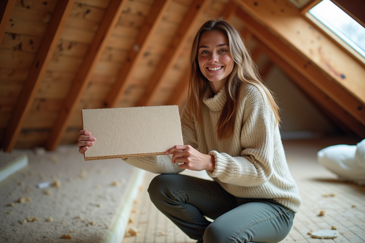 Jeune femme souriante manipulant une isolation écologique dans un grenier