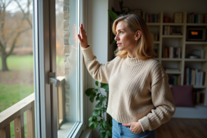 Femme vérifiant les bords d'une fenêtre à double vitrage dans un salon chaleureux