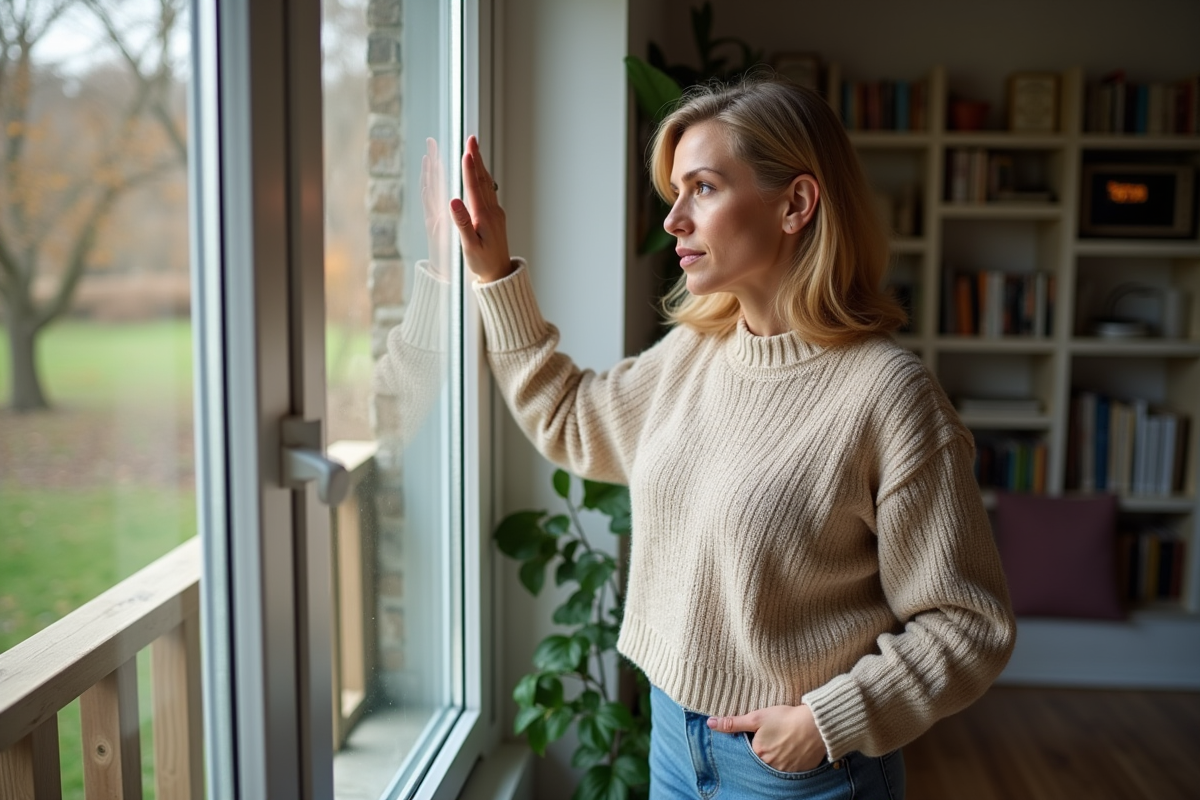 Femme vérifiant les bords d'une fenêtre à double vitrage dans un salon chaleureux
