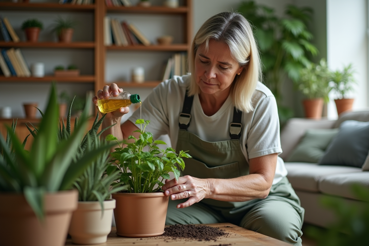 Femme d'âge moyen versant de l'huile sur une plante d'intérieur