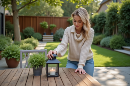 Femme ajustant une lanterne décorative dans un jardin