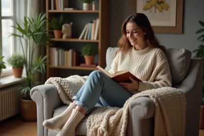 Femme lisant un livre dans un salon cosy et accueillant