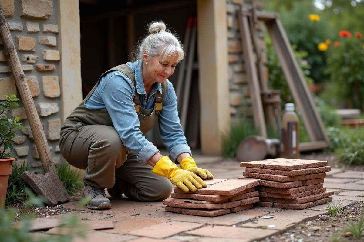 Femme nettoyant une tuile mécanique à côté d’un abri de jardin en pierre