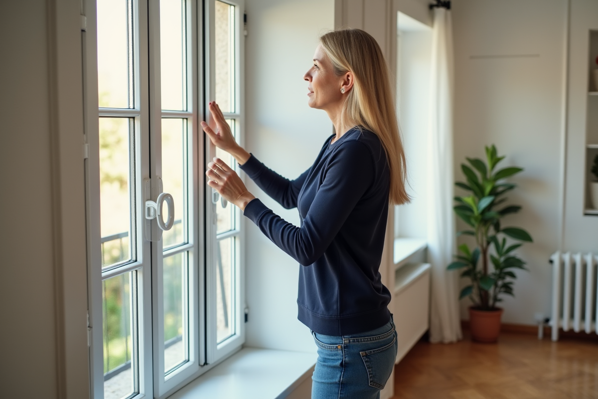 Femme observant une fenetre en renovation dans un salon lumineux
