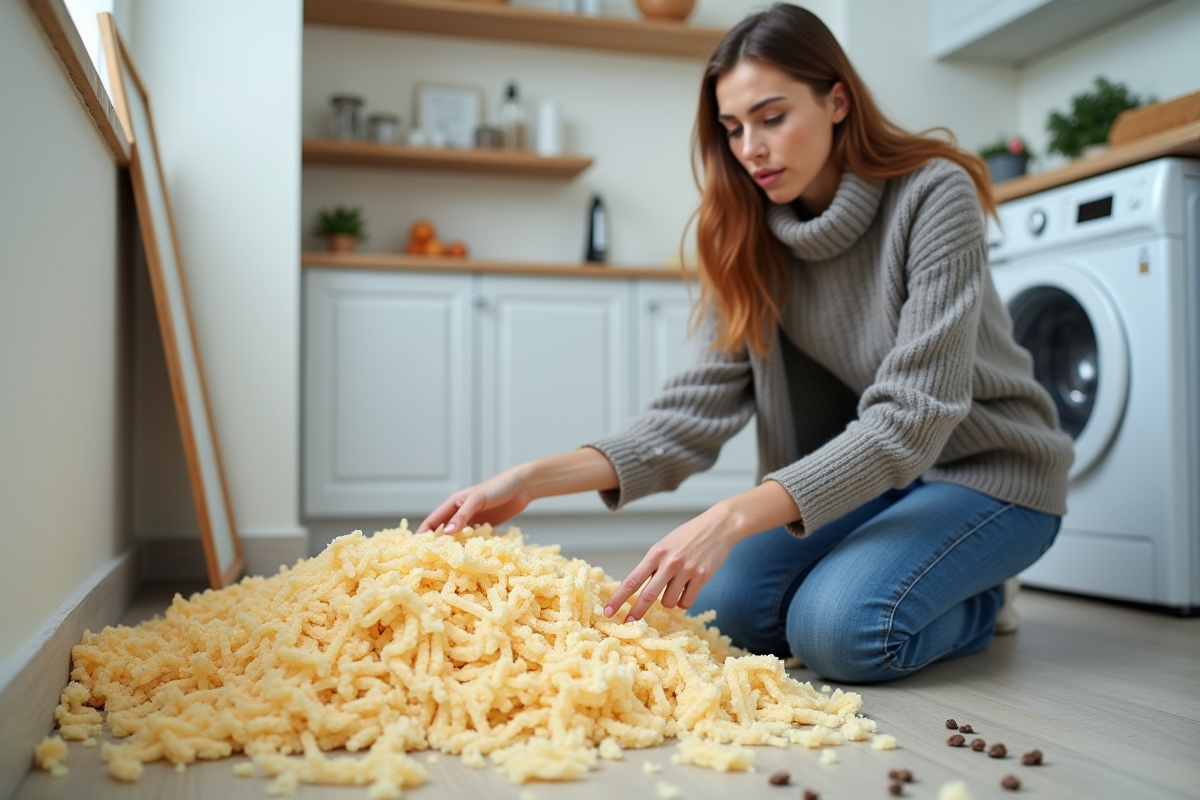 Jeune femme pointe des déjections de rongeurs dans une pièce