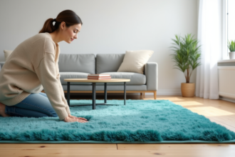 Jeune femme dans un salon minimaliste avec tapis bleu vert