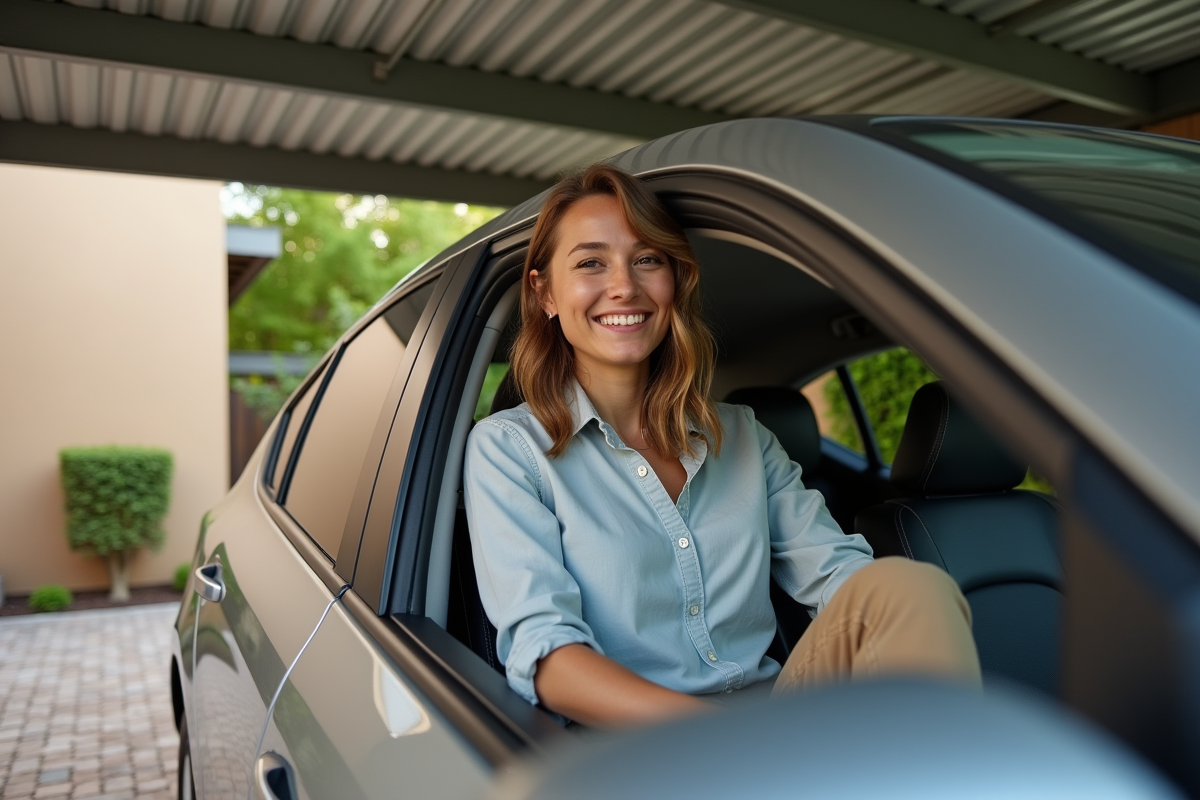 Femme souriante dans une voiture sous un carport métallique