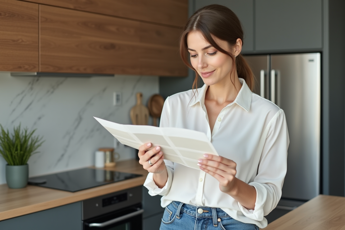 Femme choisissant des échantillons de peinture dans une cuisine moderne