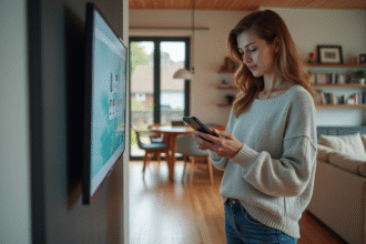 Femme d'âge moyen regardant son smartphone dans un salon moderne