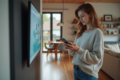 Femme d'âge moyen regardant son smartphone dans un salon moderne