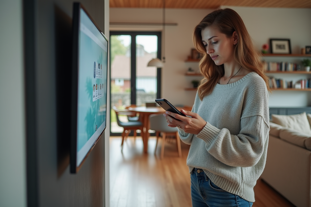 Femme d'âge moyen regardant son smartphone dans un salon moderne