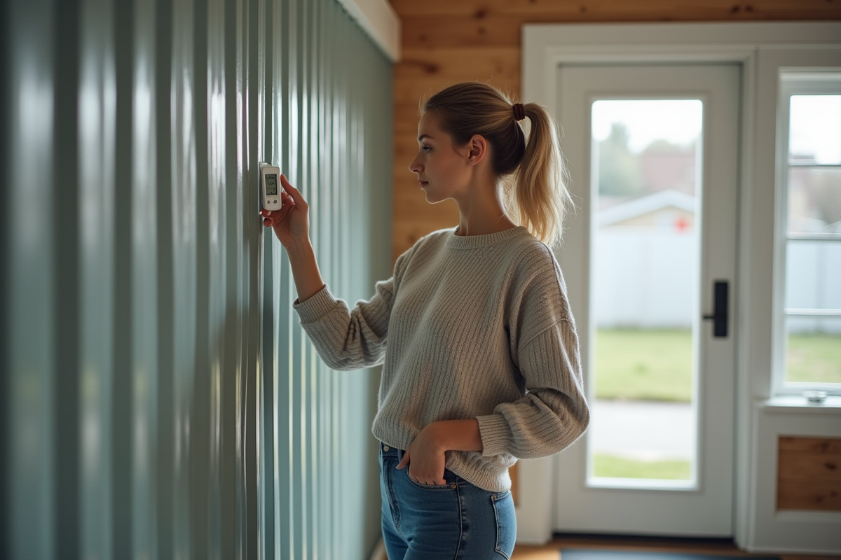 Jeune femme mesurant la temperature d’un mur en metal peint