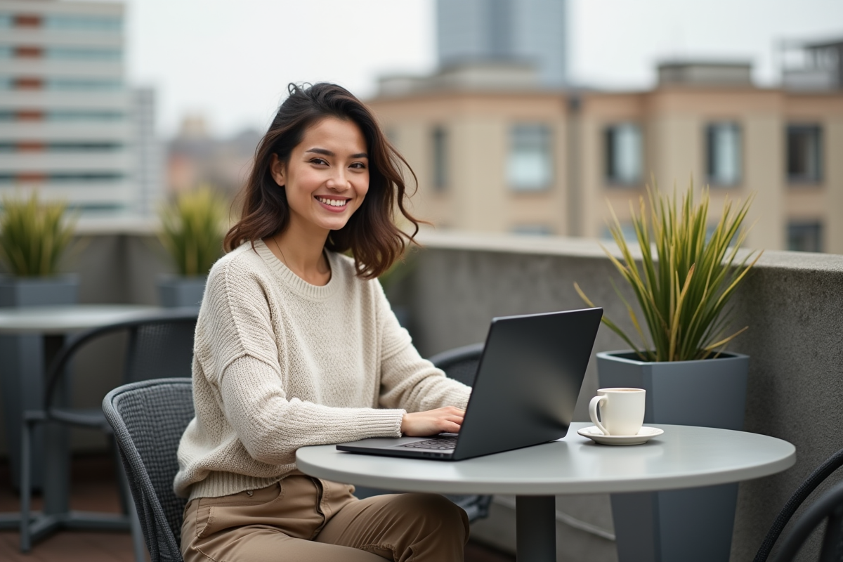 Jeune femme travaillant sur une terrasse ensoleillée