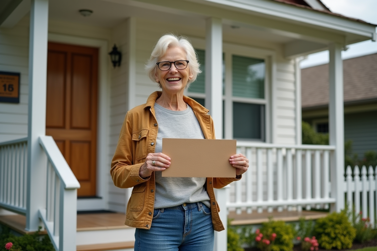 Femme âgée fière tenant un panneau vendu devant une maison accueillante