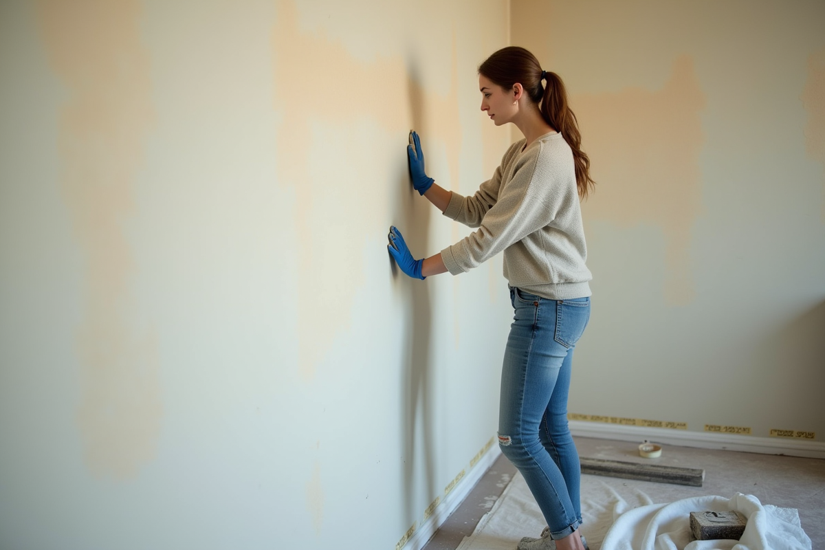 Jeune femme inspectant un mur poncé avec attention